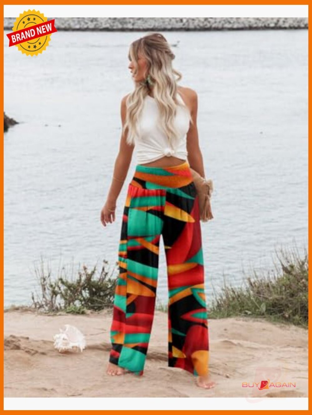 Elastic High Waisted Wide Leg Palazzo Pants with Pockets Casual Lounge Trousers - Picture 2 of 7